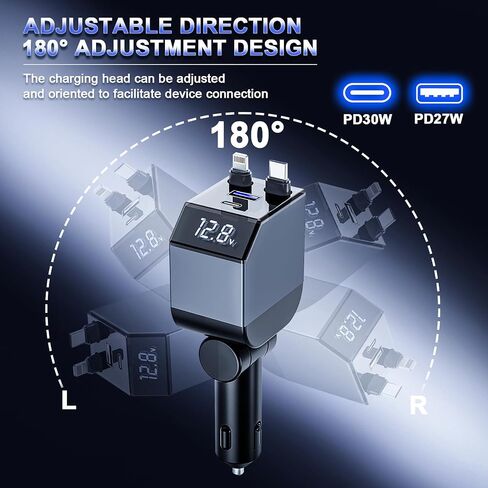 Retractable Car Charger,4 in 1 Fast Phone Charger 84w, 2 Retractable Cables and USB Car,Compatible with iPhone 16/15/14/13/12/11,Galaxy,Pixel,PT-20 Silver Black in Kuwait