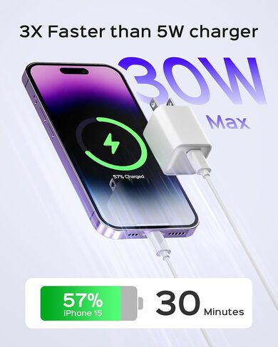 30W Compact Wall Charger, USB C Charger Block with GaN III Tech, PD3.0 PPS QC4.0 Fast Foldable Power Adapter for iPhone 16 15, Galaxy, Pixel, iPad, AirPods,MacBook Air (White, 1 Pack) in Kuwait
