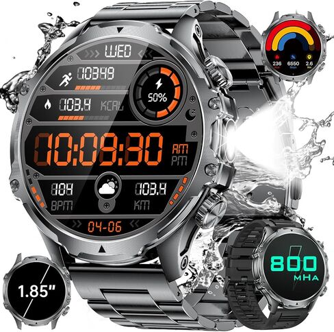 Military Smart Watch for Men, 1.85'' HD Large Screen Smartwatch, 800mAh/LED Flashlight/IP68 Waterproof/Pedometer/100+ Sports Fitness Tracker, Mens Smart Watches for Android iOS Compatible in Saudi Arabia