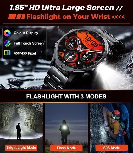 Military Smart Watch for Men, 1.85'' HD Large Screen Smartwatch, 800mAh/LED Flashlight/IP68 Waterproof/Pedometer/100+ Sports Fitness Tracker, Mens Smart Watches for Android iOS Compatible in Saudi Arabia