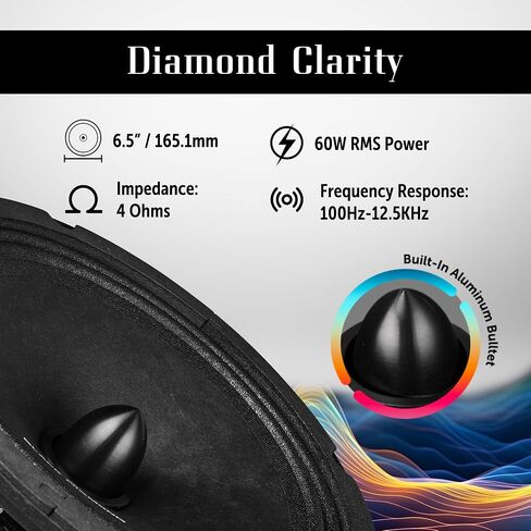 Black Diamond Dia-CM6.4B 6.5" Mid-Range Loudspeaker with Bullet - 6.5-Inch Midrange, 120 Watts Max, 60 Watts RMS, 4-Ohm, 1" Voice Coil - Replacement Mids for Car or Truck Stereo Sound System (Pair) in Saudi Arabia