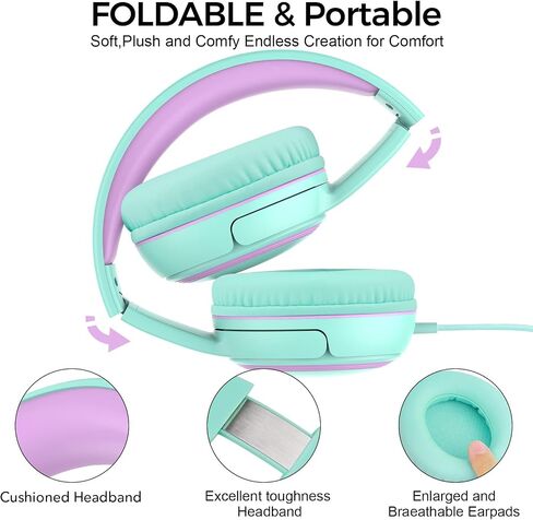 JOMILIN A10 Kids Headphones with Microphone, Folding Portable Wired Headphones with 1.5M No-Tangle Cord for Smartphone Tablet Computer MP3/4 (Green) in Kuwait