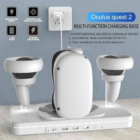 Charging Dock for Oculus Quest 2 VR Accessories Fast Charging Station for Meta Quest 2 VR Headset, with 2 Rechargeable Batteries and Cable&3 USB/Adjustable RGB in Saudi Arabia