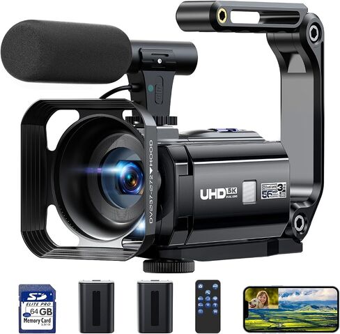 Camcorder Video Camera 5K, Dual Lens Vlogging Camera for YouTube, 3" 270° Rotatable Touchscreen WiFi 56MP Night Vision Cam Corder with 64GB SD Card, Microphone, Tripod, Stabilizer, Remote, Batteries in Saudi Arabia