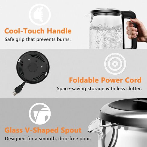 Electric Glass Kettle, 1.8L Glass Tea Kettle & Hot Water Boiler, 360° Swivel Base, BPA Free, Auto Shut-Off, Boil-Dry Proof, 304 Stainless Steel, 1500W in Saudi Arabia
