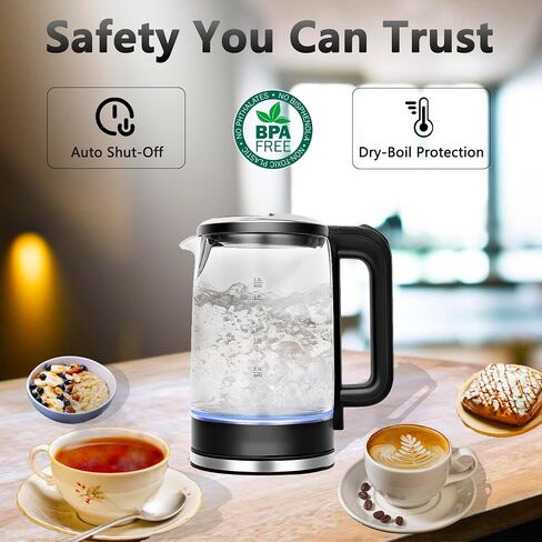Electric Glass Kettle, 1.8L Glass Tea Kettle & Hot Water Boiler, 360° Swivel Base, BPA Free, Auto Shut-Off, Boil-Dry Proof, 304 Stainless Steel, 1500W in Saudi Arabia