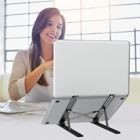 10-Levels Angles Adjustable Laptop Stand for Desk, Foldable Riser, Portable Holder Mount, Ventilated Cooling Computer Notebook Stand (Black) in Saudi Arabia