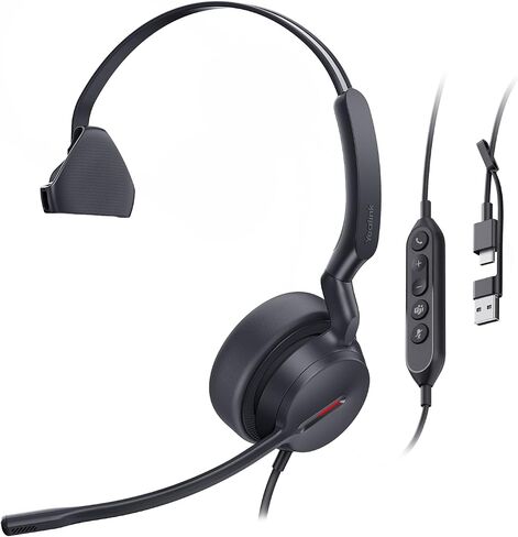 Yealink UH44 Teams Certified USB Headset - Noise Cancelling Mic, Single-Ear Design with Pivotable Boom, Monaural Audio for PC/Laptop with Inline Controls, USB-C/A & Busylight-Black in Saudi Arabia