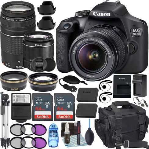 Camera Bundle for Canon EOS 2000D / T7 with EF-S 18-55mm f/3.5-5.6 III and EF 75-300mm f/4-5.6 III Lens + Accessories Bundle (128GB, 50in Tripod, Extra Battery, and More) (Renewed) in Saudi Arabia