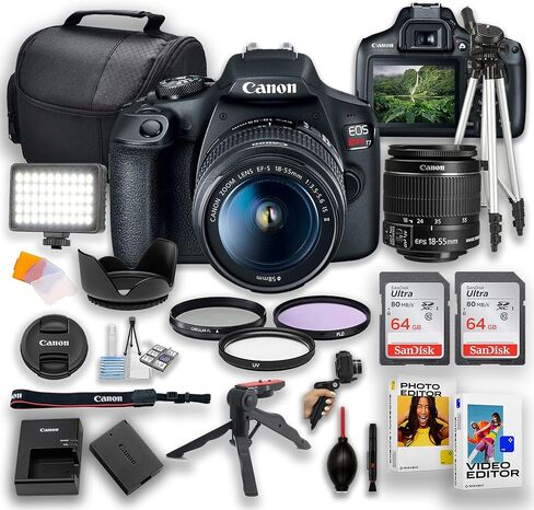 Canon EOS Rebel T7 DSLR Camera | 24.1MP | بفضل عدسة Canon 18-55mm + LED Video Light + 2PC 64GB الذاكرة والحالة ومحرر البرمجيات و Filters & Tripod Kit و Black (متجدد) in Saudi Arabia