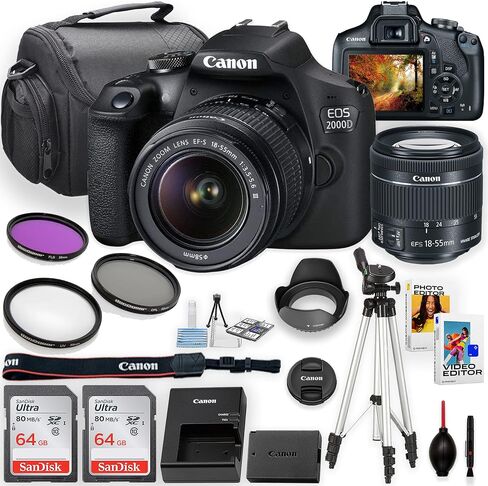Canon EOS 2000D / Rebel T7 DSLR Camera with 18-55mm Lens + 2pc 64GB Memory Cards, Tripod, Case, Filters & More (Renewed) in Saudi Arabia