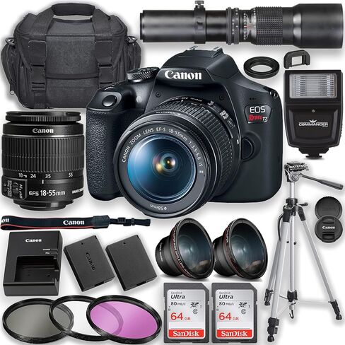 Canon EOS Rebel T7 DSLR Camera with EF-S 18-55mm f/3.5-5.6 is II Lens & 500mm f/8 Manual Telephoto Lens + Flash + 2pc 64GB Memory Cards + Case + Tripod + Filters & More (Renewed) in Saudi Arabia