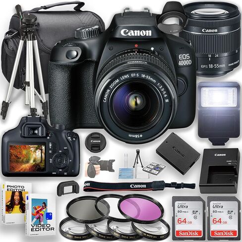 Canon EOS 4000D / Rebel T100 DSLR كاميرا مع عدسة 18-55 مم + بطاقات ذاكرة + 2pc 64 جيجابايت ، ترايبود ، حالة ، مرشحات وأكثر ، أسود (متجدد) in Saudi Arabia
