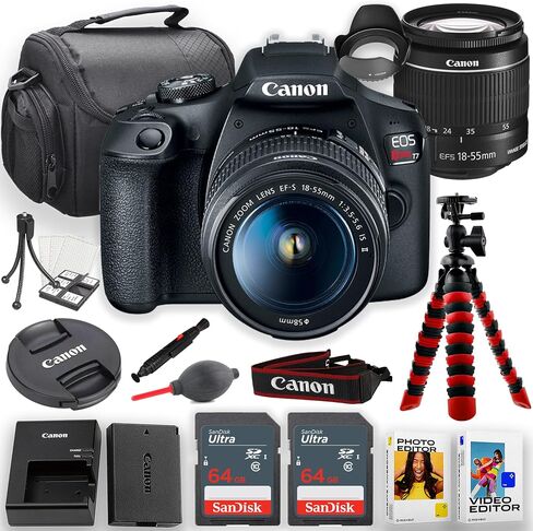 Canon EOS Rebel T7 DSLR Camera with EF-S 18-55mm f/3.5-5.6 is II Lens + 2pc 64GB Memory Cards, Tripod, Case, Software Editor & More (Vlogger Kit), Black (Renewed) in Saudi Arabia