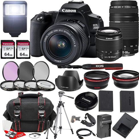 Canon EOS 250D (Rebel SL3) Camera DSLR W/18-55mm عدسة + 75-300 مم F/4-5.6 III Lens + 2x 64GB Memory + Hood + Case + Filters + Tripod & More (35pc Bundle) (متجددة) in Saudi Arabia