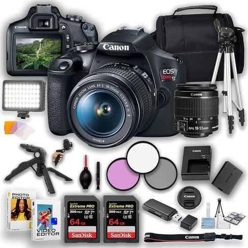 Canon EOS Rebel T7 DSLR Camera |24.1MP| with Canon 18-55mm is II Lens + LED Video Light + 2pc 64GB Memory, Case, Software Editor, Filters & Tripod Kit, Black (Renewed) in Saudi Arabia