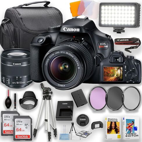 Canon EOS Rebel T100 DSLR Camera with 18-55mm Lens + 2pc 64GB Memory Cards, LED Video Light, Camera Case, Filters & More, Black (Renewed) in Saudi Arabia