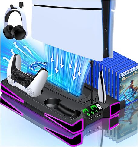 PS5 Stand Cooling Station for PS5/PS5 Slim Console, PS5 Accessories Vertical Stand with 2.36in Large P5 Fan Cooling Fan, Colorful Light, Dual Controller Charger, Headset Holder, 3 Charger Port-Black in Kuwait