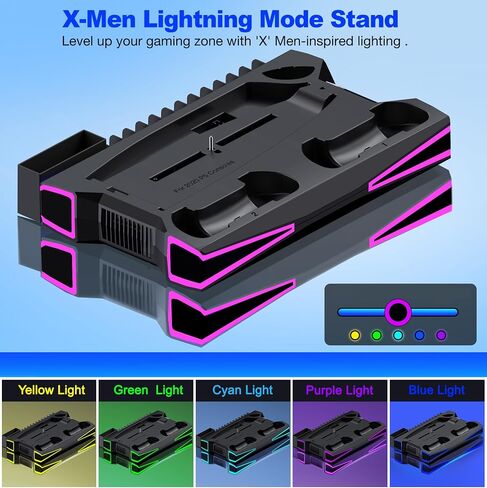 PS5 Stand Cooling Station for PS5/PS5 Slim Console, PS5 Accessories Vertical Stand with 2.36in Large P5 Fan Cooling Fan, Colorful Light, Dual Controller Charger, Headset Holder, 3 Charger Port-Black in Kuwait