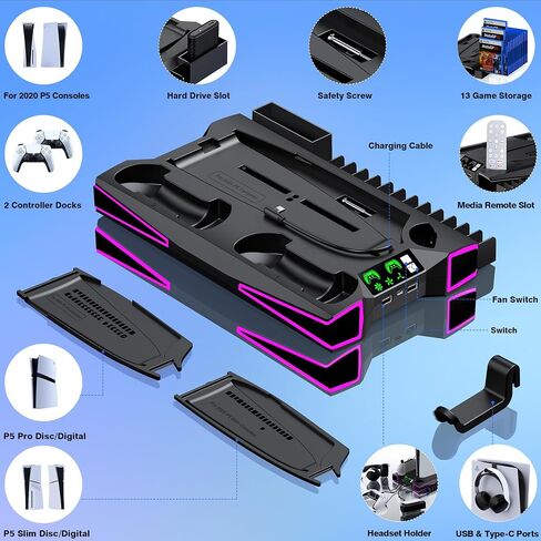 PS5 Stand Cooling Station for PS5/PS5 Slim Console, PS5 Accessories Vertical Stand with 2.36in Large P5 Fan Cooling Fan, Colorful Light, Dual Controller Charger, Headset Holder, 3 Charger Port-Black in Kuwait