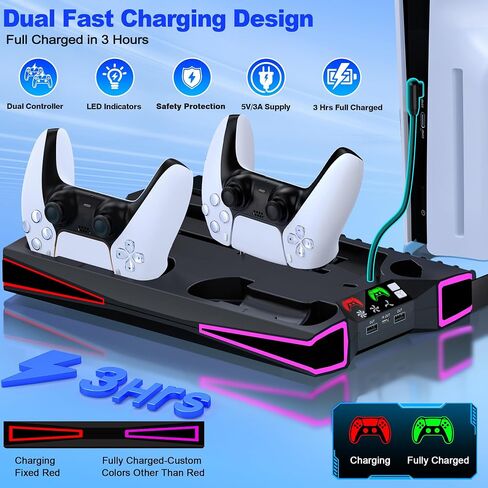 PS5 Stand Cooling Station for PS5/PS5 Slim Console, PS5 Accessories Vertical Stand with 2.36in Large P5 Fan Cooling Fan, Colorful Light, Dual Controller Charger, Headset Holder, 3 Charger Port-Black in Kuwait