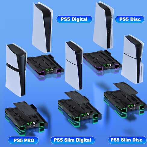 PS5 Stand Cooling Station for PS5/PS5 Slim Console, PS5 Accessories Vertical Stand with 2.36in Large P5 Fan Cooling Fan, Colorful Light, Dual Controller Charger, Headset Holder, 3 Charger Port-Black in Kuwait