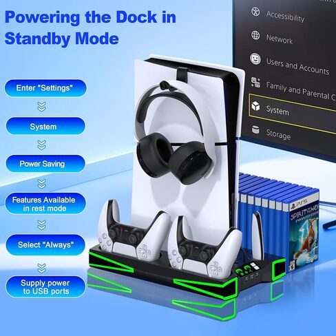 PS5 Stand Cooling Station for PS5/PS5 Slim Console, PS5 Accessories Vertical Stand with 2.36in Large P5 Fan Cooling Fan, Colorful Light, Dual Controller Charger, Headset Holder, 3 Charger Port-Black in Kuwait