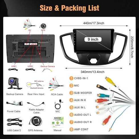 Naifay Android Car Stereo for Ford Transit 2013 2014 2015 2015 2017 2018 2018 ، 2 + 32g 9 بوصة شاشة تعمل باللمس لراديو Ford Transit مع Carplay Android Auto/Bluetooth/GPS/WiFi/Camera/SWC + MIC in Saudi Arabia