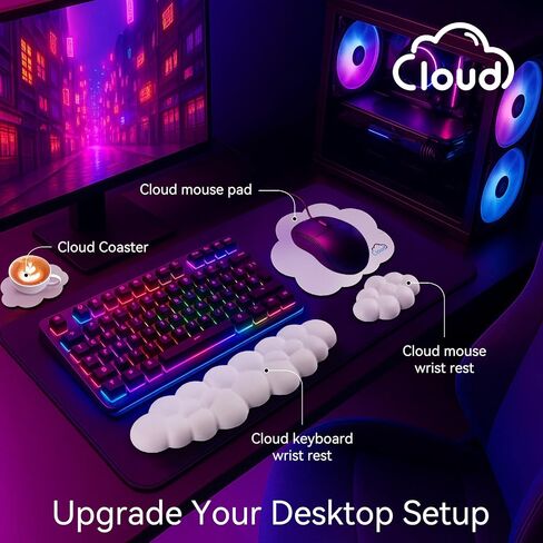 Cloud Wrist Rest for Computer Keyboard, 4-in-1 Memory Foam Leather Cloud Keyboard Wrist Rest and Mouse Pad Set with Ergonomic Support for Arm and Palm Cushion, Gaming/Work Setup, Rainbow in Kuwait