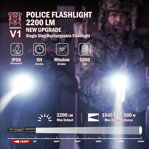 SABERTOOTH Police Tactical Flashlight-2200 High Lumen Duty Belt Flashlight for Law Enforcement Defense Single Mode Flashlight with Holster Tactical Gear Safety Accessories(Black) in Saudi Arabia