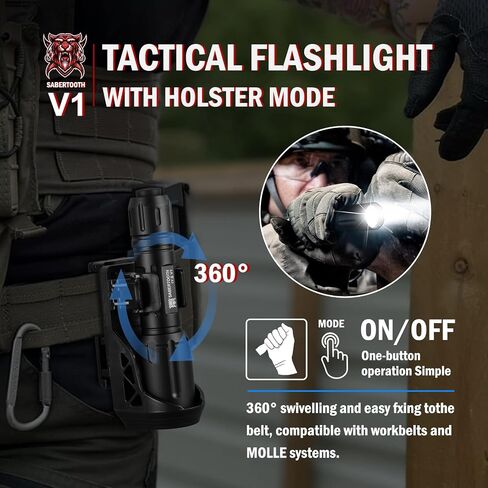 SABERTOOTH Police Tactical Flashlight-2200 High Lumen Duty Belt Flashlight for Law Enforcement Defense Single Mode Flashlight with Holster Tactical Gear Safety Accessories(Black) in Saudi Arabia
