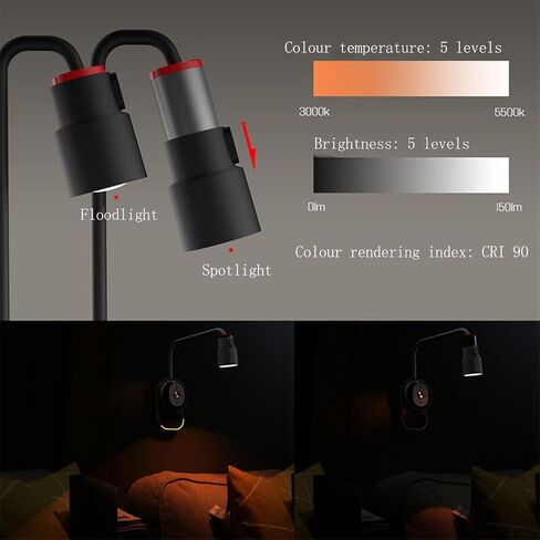 LED Reading lamp Wall Indoor Rechargeable Reading Light with Touch Switch and Remote Controls Wall Light Dimmable 5 Colours and Brightness Rotatable gooseneck lamp with Timer Function,White in Saudi Arabia