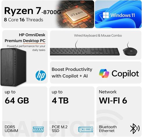 HP Omnidesk M02 Tower Desktop ، AMD Ryzen 7 8700G ، 64GB DDR5 RAM ، 2TB SSD ، PP PORT ، Wired KB & M ، Wi-Fi 6 ، W11 hom in Kuwait