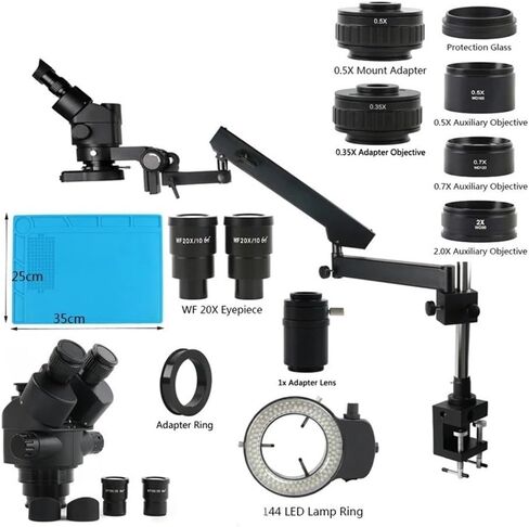 Microscope Kit Without Camera 3.5X-90X 180X Simul Focus Parfocal Stereo Trinocular Microscope w/Clamp Arm Microscope Lens Adapters in Saudi Arabia