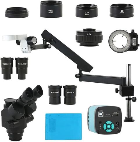 Microscope Kit 3.5X-90X 180X Simul Focal Trinocular Stereo Microscope with Rotate Arm Articulating Pillar Stand with 48MP 4K Camera Set Microscope Lens Adapters in Saudi Arabia