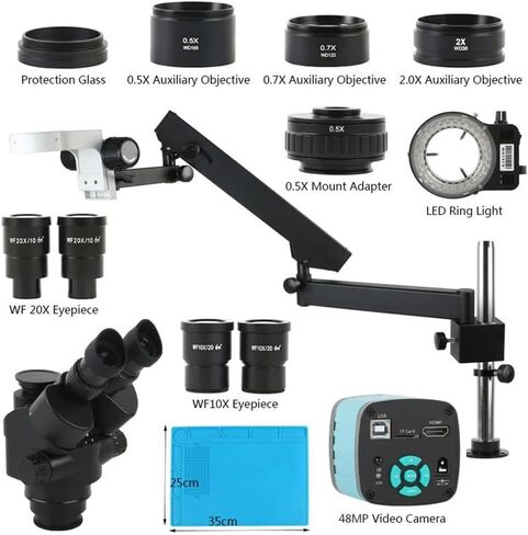 Microscope Kit 3.5X-90X 180X Simul Focal Trinocular Stereo Microscope with Rotate Arm Articulating Pillar Stand with 48MP 4K Camera Set Microscope Lens Adapters in Saudi Arabia