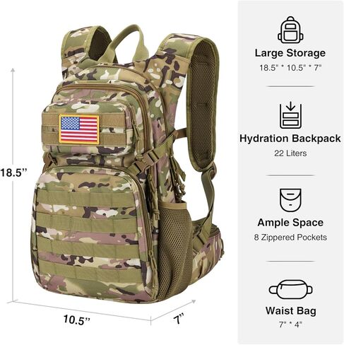 22L حقيبة ظهر ترطيب تكتيكي مع المثانة 3L ماء ، كيس مياه موللي خفيفة الوزن للرجال النساء ، حزمة ترطيب المشي لمسافات طويلة لصيد ركوب الدراجات في ركوب الدراجات ، حزمة اليومية مع جيب الخصر ، كامو in Kuwait