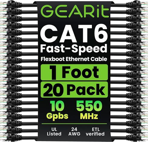GearIT 20-Pack Cat6 Patch Cable 1 Foot Cat 6 Ethernet Cable Snagless Flexible Soft Tab - Preimum Series - Blue in Kuwait
