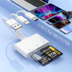 Multi 3-in-3 SD/TF/XD Card Reader لـ iPhone ، Lightning + USB C + USB قارئ بطاقة ذاكرة الموصل ، وقارئ بطاقة Micro SD متعددة لـ iPhone 15 14 13/iPad Pro/Samsung/Android/Mac/PC ، Plug & Play in Kuwait