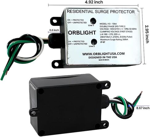 Orblight EMP Surge Protector-House House Lightning & Solar Flare Protection ، 2-phase ، 3-ware ، 260ka ، IP67 ، ABS عالية التأثير ، تقنية الدرع (ORB012) in Saudi Arabia