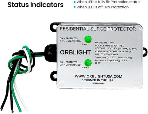Orblight EMP Surge Protector-House House Lightning & Solar Flare Protection ، 2-phase ، 3-ware ، 260ka ، IP67 ، ABS عالية التأثير ، تقنية الدرع (ORB012) in Saudi Arabia