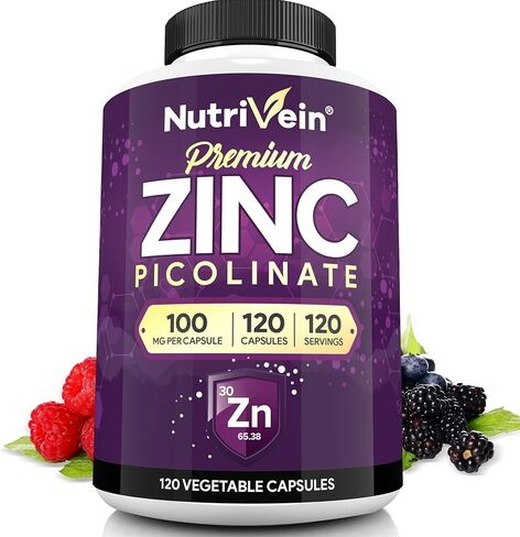 Nutrivein Premium Zinc Gluconate 100mg - 120 Capsules - Immunity Defense Boosts Immune System & Powerful Antioxidant - Promotes Healthy Skin and Acne Defense - Essential Elements for Absorption in Kuwait
