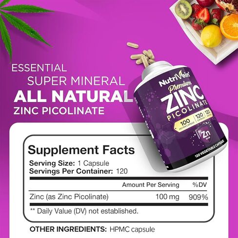 Nutrivein Premium Zinc Gluconate 100mg - 120 Capsules - Immunity Defense Boosts Immune System & Powerful Antioxidant - Promotes Healthy Skin and Acne Defense - Essential Elements for Absorption in Kuwait