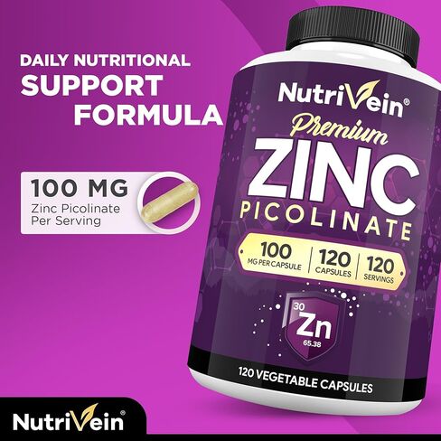 Nutrivein Premium Zinc Gluconate 100mg - 120 Capsules - Immunity Defense Boosts Immune System & Powerful Antioxidant - Promotes Healthy Skin and Acne Defense - Essential Elements for Absorption in Kuwait