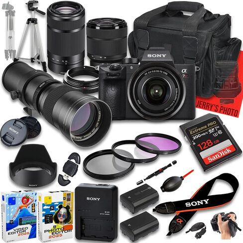 كاميرا Sony A7R IIIA بدون مرآة مع Fe 28-70mm f/3.5-5.6 و E 55-210mm f/4.5-6.3 و 420-800mm f/8 lens + 128 gb ذاكرة + بطارية إضافية + حالة كاميرا + أكثر (حزمة 26pc) in Saudi Arabia