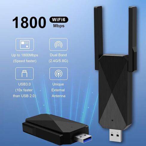 محول WiFi 6 USB للكمبيوتر الشخصي لسطح المكتب ، AX1800 WIFI Adapter 2.4G/5G محول شبكة لاسلكية خالية من السائق المزدوجة مع هوائي عالية الكسب ، WPA3 ، حجم السفر ، يدعم Windows 11/10 in Saudi Arabia
