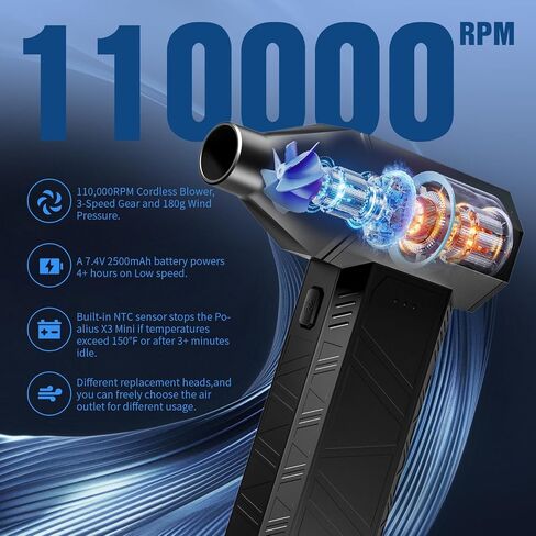 X3 Mini Electric Air Duster-110،000 دورة في الدقيقة ، منفاخ طائرة توربو قوية ، و Duster للكمبيوتر القابل للتعديل 3-gear مع الشحن السريع وحماية ارتفاع درجة الحرارة ، ومنفاخ الغبار للوحة المفاتيح ، والكمبيوتر in Saudi Arabia