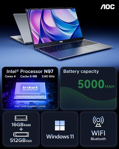 AOC AX15 15.6 بوصة كمبيوتر محمول محمول مع معالج Intel Alder Lake-N N97 ، Windows 11 ، RAM 16GB ، 512 جيجابايت SSD-كمبيوتر محمول للطلاب ومحترفي الأعمال in Saudi Arabia