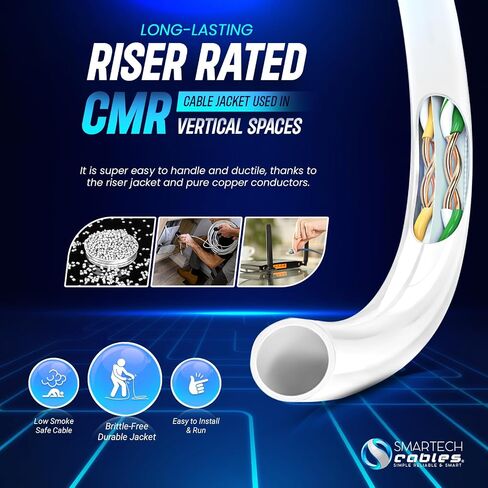 كبلات Smartech Cables Cat6a Riser 1000ft- الأكثر مصدقة بنسبة 100 ٪ من النحاس النحاس العاري الصلبة 6A Ethernet Cable -23 AWG ، 750 MHz ، POE ++ - زوج ملتوي غير محجوز (UTP) - 10 جيجابايت سرعة عالية للشبكات والألعاب in Saudi Arabia