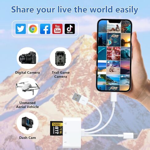 Multi 3-in-3 SD/TF/XD Card Reader لـ iPhone ، Lightning + USB C + USB قارئ بطاقة ذاكرة الموصل ، وقارئ بطاقة Micro SD متعددة لـ iPhone 15 14 13/iPad Pro/Samsung/Android/Mac/PC ، Plug & Play in Kuwait